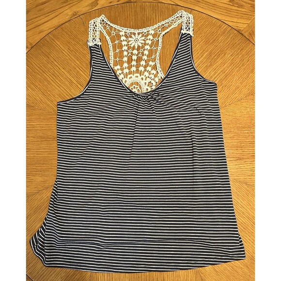 Haani Cream Navy Blue Striped Crochet Lace Back Tank Size XLarge XL - Picture 1 of 5